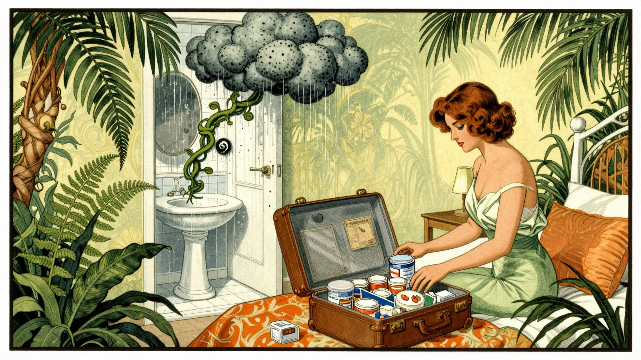 A woman storing medications safely in a tropical hotel room while mold vines emerge from a humid bathroom.
