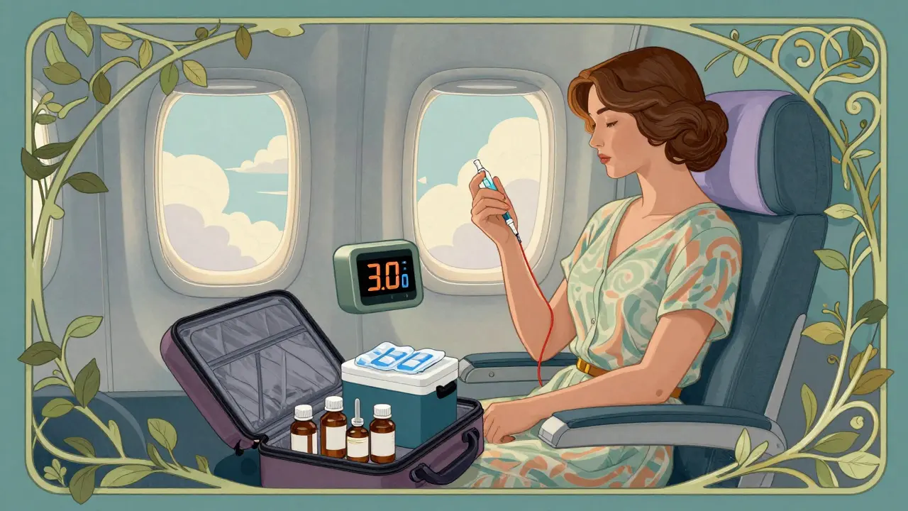 A woman takes insulin on a flight, with pill bottles and a countdown timer nearby, framed by elegant floral lines.