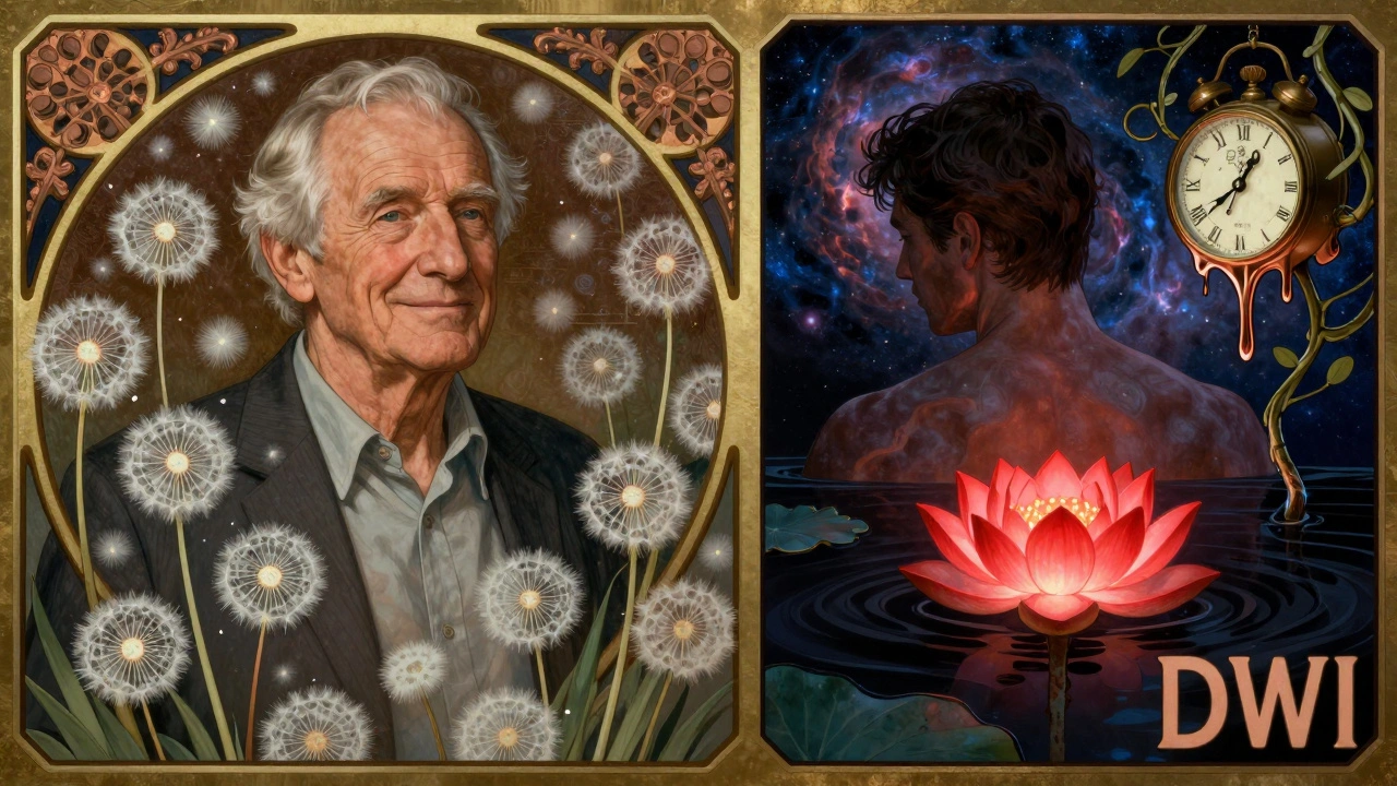 An elderly man with benign brain changes like dandelion fluff, contrasted with a stroke as a glowing lotus.