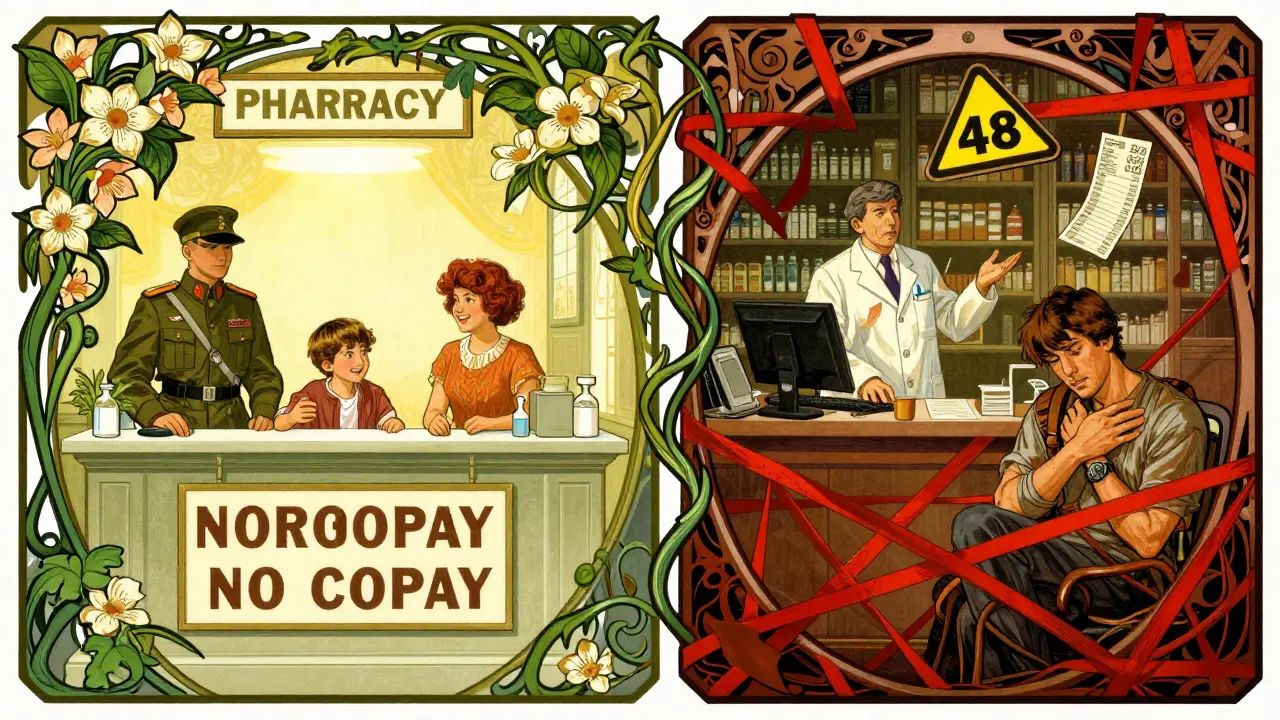 Contrasting pharmacy scenes: one with free care, the other with high costs, illustrated in ornate Art Nouveau style.