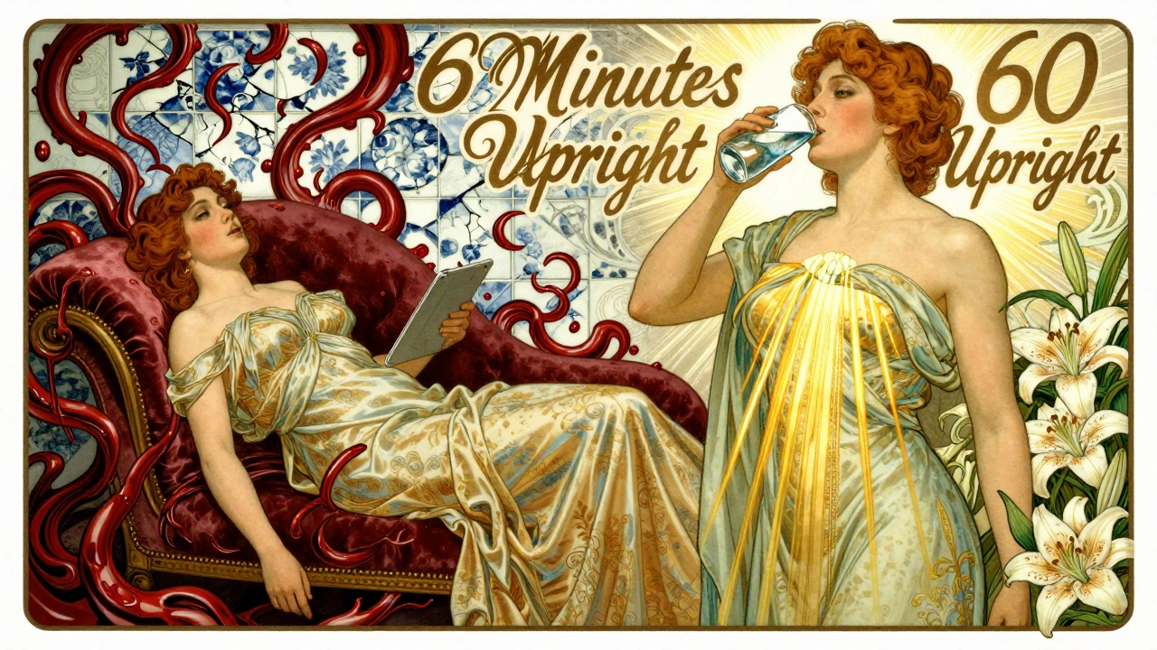 Contrasting scenes: one showing esophageal danger from lying down, another showing safe upright posture with glowing health rays.