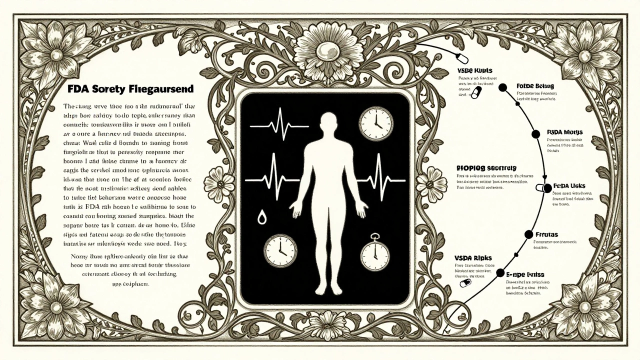 Decorative medical journal page in Art Nouveau style, with floral motifs framing a timeline of drug warning changes.