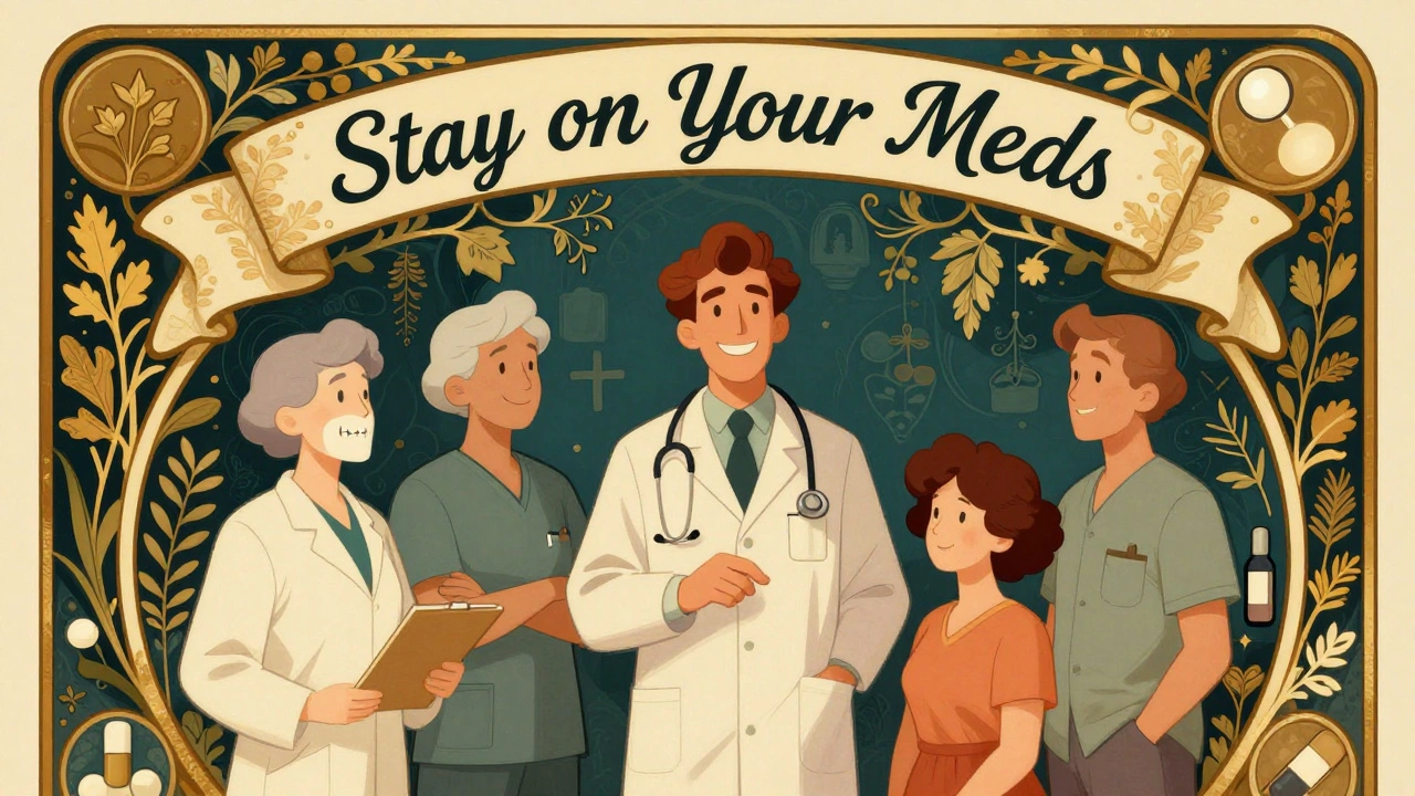 Dentist, cardiologist, and patient standing together under a herbal canopy, symbolizing safe coordinated care on blood thinners.