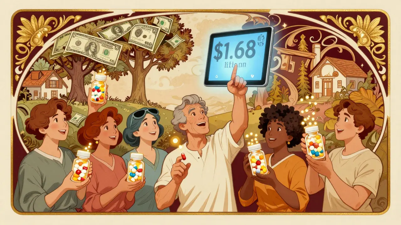 Diverse patients holding pill bottles that transform into 3D dissolution models with savings mural.