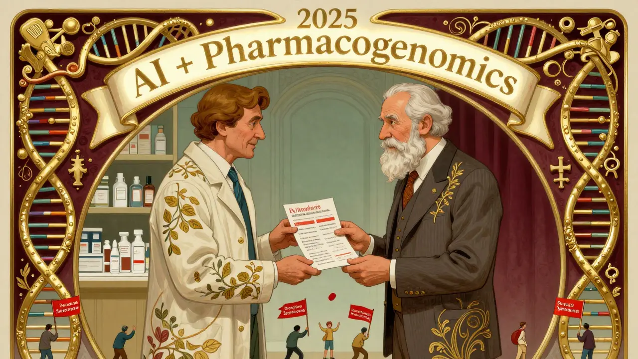 Elderly man giving medication list to pharmacist under a DNA-and-medical-symbol arch, with 2025 AI banner above in ornate Art Nouveau design.