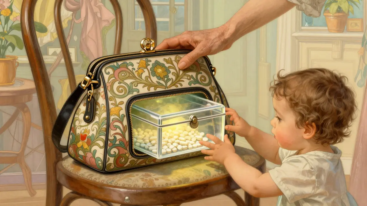 Elegant purse with glowing lockbox inside, toddler reaching as parent gently stops them.