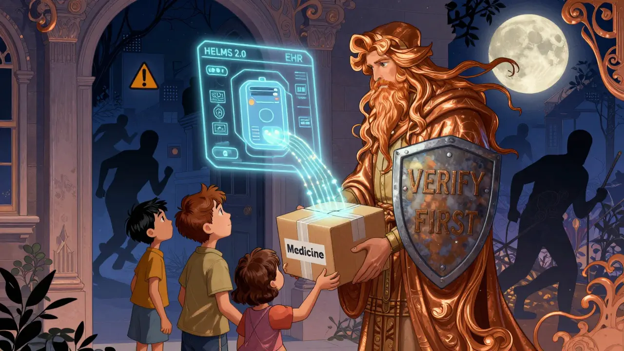 Family receiving medicine package guarded by a shield-wielding figure as verification systems glow behind them.