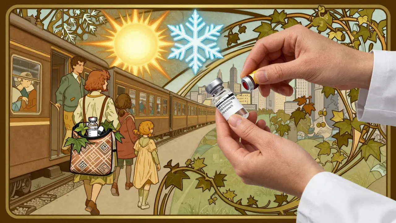 Family traveling with insulated antibiotic bag, surrounded by Art Nouveau motifs showing temperature dangers.