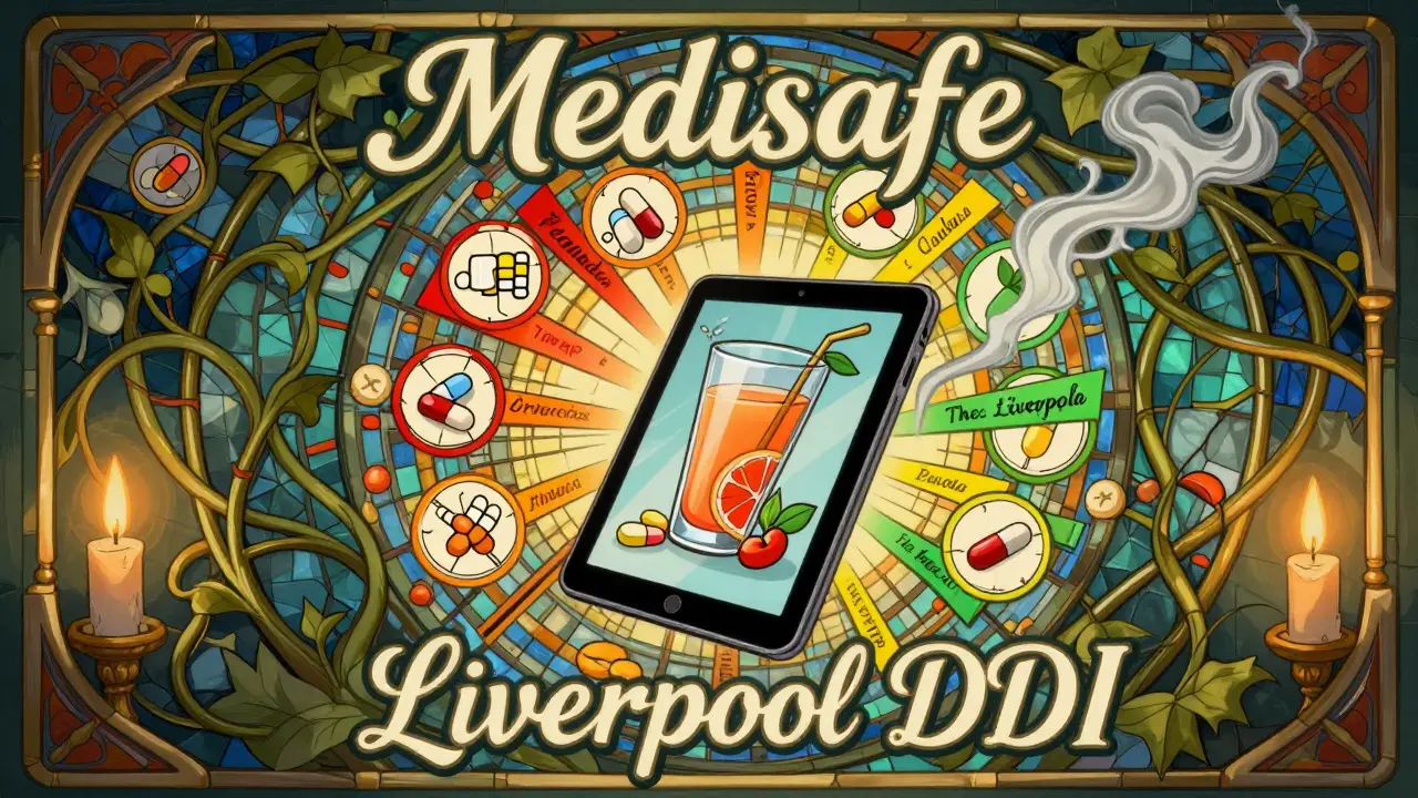 Floating pills and supplements with color-coded warning halos, framed by vine motifs and glowing drug checker logos in Art Nouveau style.