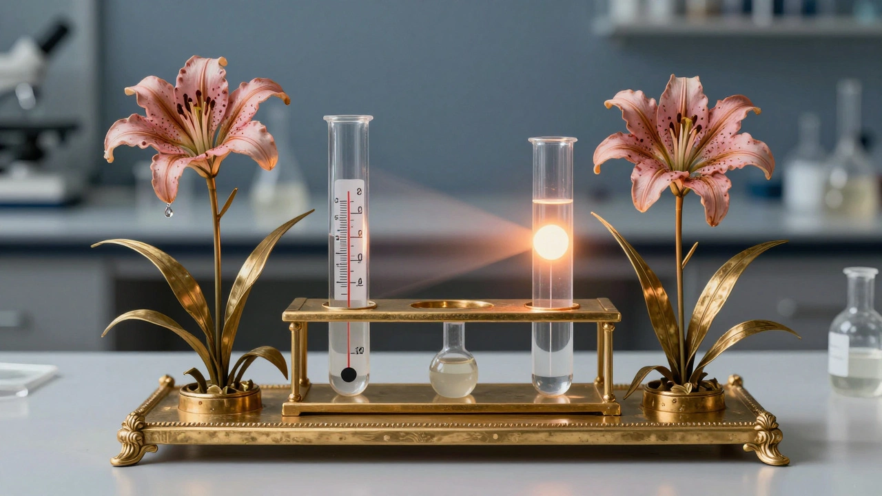 Laboratory bench as a botanical altar with test tubes blooming like flowers and detection rays.