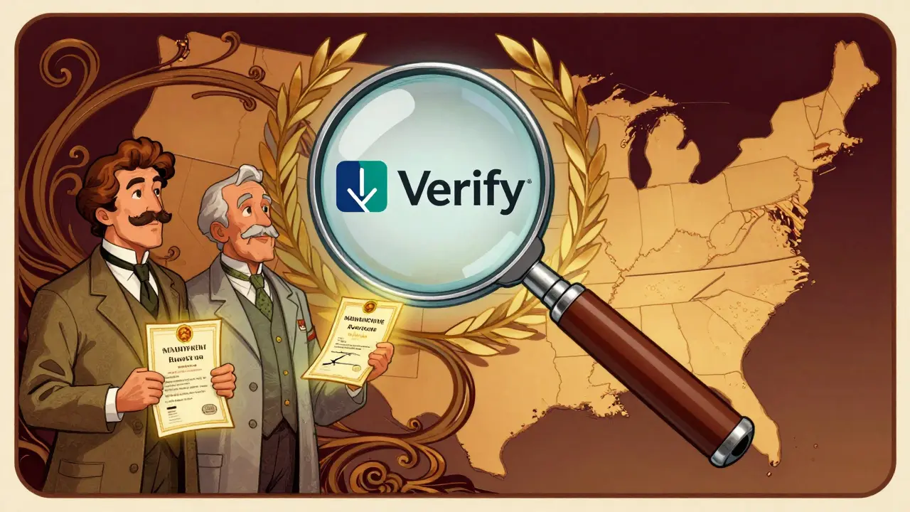 Magnifying glass over NABP Verify screen with glowing and crumbling licenses in ornate Art Nouveau frame.