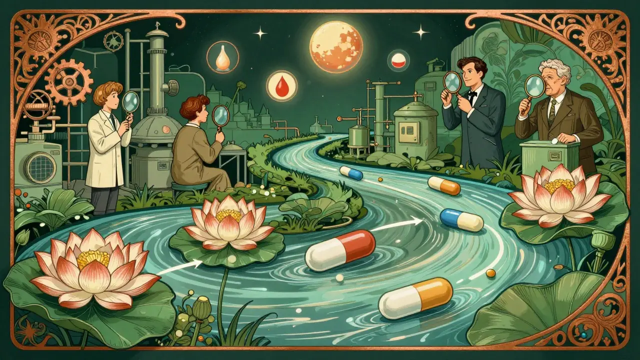 Ornate timeline river with twin pill lotus flowers blooming under FDA inspection icons.