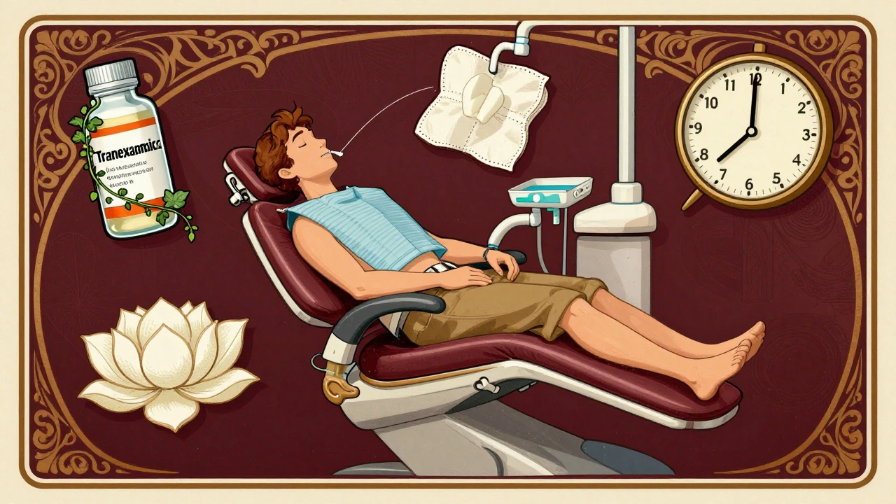 Patient reclining peacefully after extraction, with safety symbols like tranexamic acid and gauze lotus floating nearby.