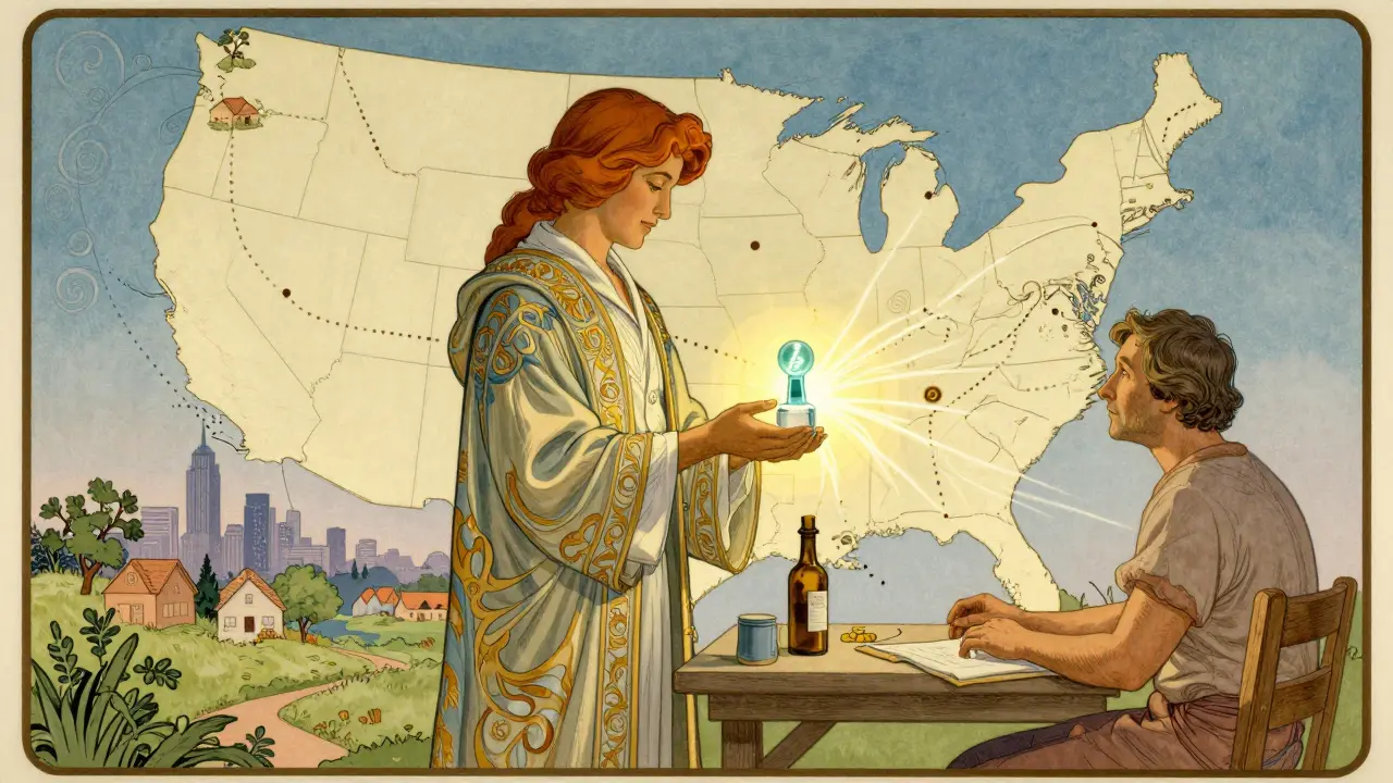 Pharmacist beside a smart pill dispenser, with glowing connections reaching toward a distant city under Art Nouveau vines.