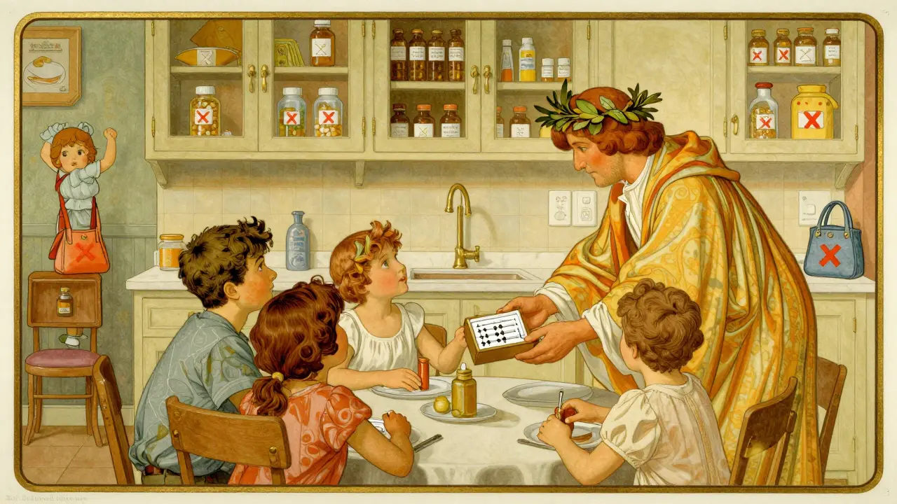 Pharmacist gives lockbox to grandfather as family watches, with safety-themed mural in background.