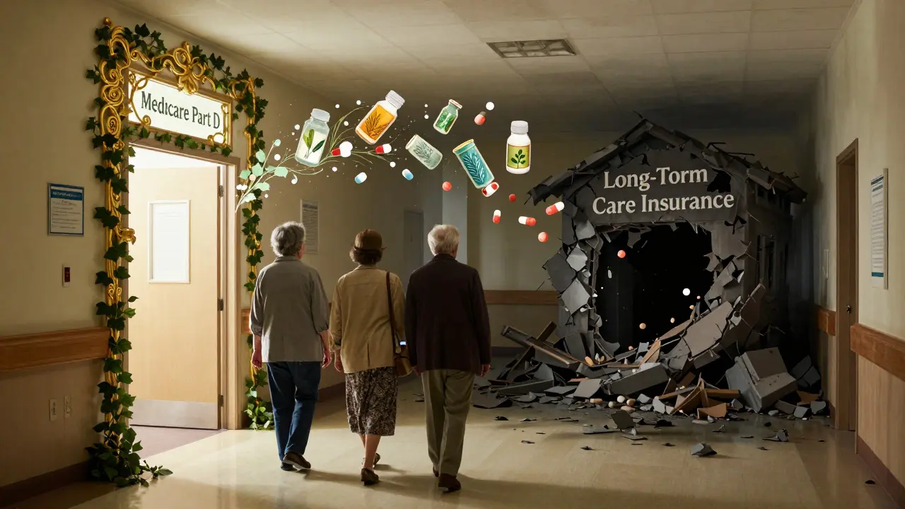Residents walk toward a radiant Medicare Part D doorway while a crumbling long-term care insurance building collapses behind them.