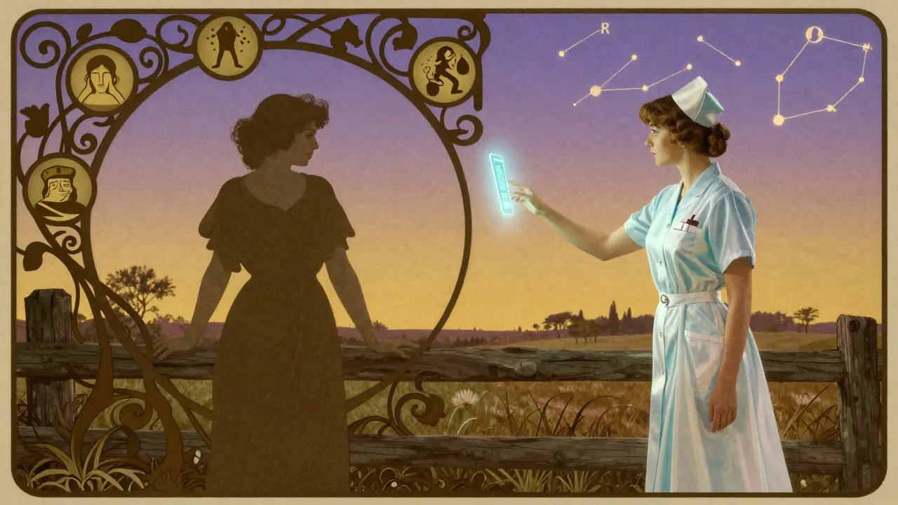 Rural woman with symptom icons in vines, being gently guided by a translucent nurse from a holographic phone.