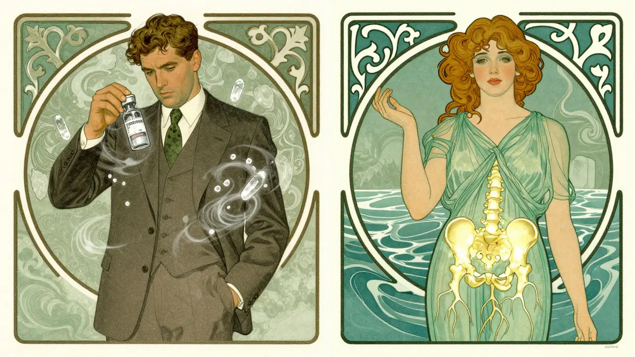 Side-by-side figures: one with calcium swirls and dizziness, the other with a stable hip bone, in elegant Art Nouveau style.
