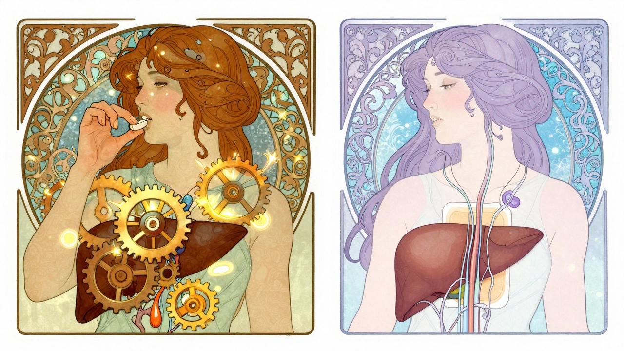 Split image: oral HRT causing liver enzyme chaos vs. patch delivering hormones smoothly in Art Nouveau style.