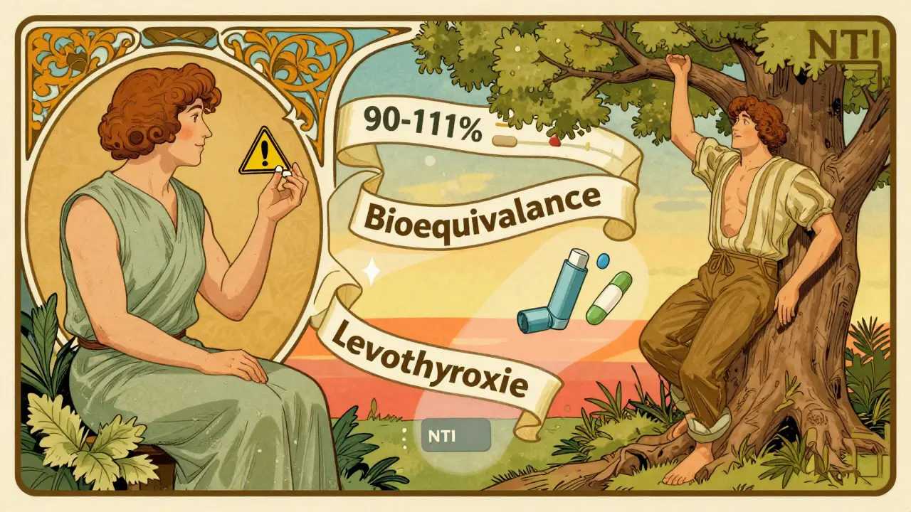 Split-panel illustration of a patient before and after generic medication, connected by a bioequivalence ribbon with NTI drug icons.