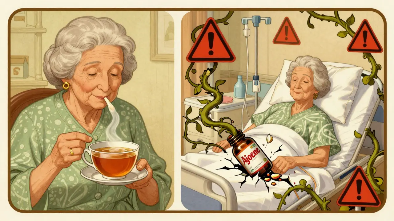 Split scene: peaceful home cooking vs. hospital emergency, showing garlic supplement dangers in vintage style.