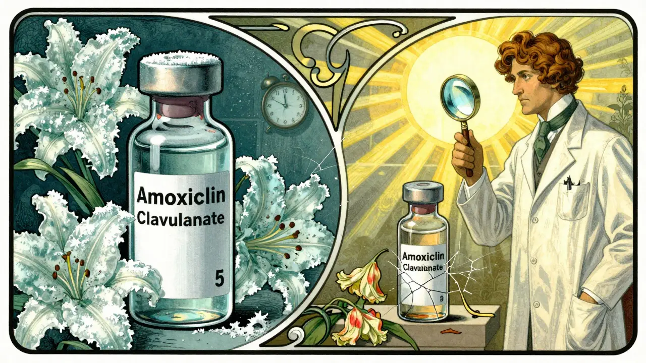 Split scene: refrigerated antibiotic with frosty flowers versus degraded one at room temperature, pharmacist inspecting label.