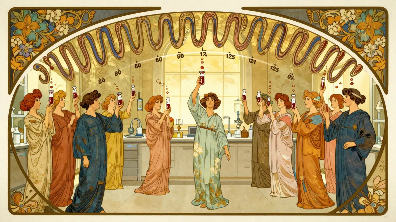 Stylized clinical trial with volunteers and blood vials forming logarithmic waves, framed by floral Art Nouveau patterns.