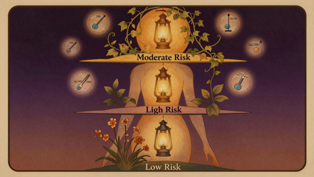 Stylized human silhouette divided into risk tiers with floating testing icons in Art Nouveau design.