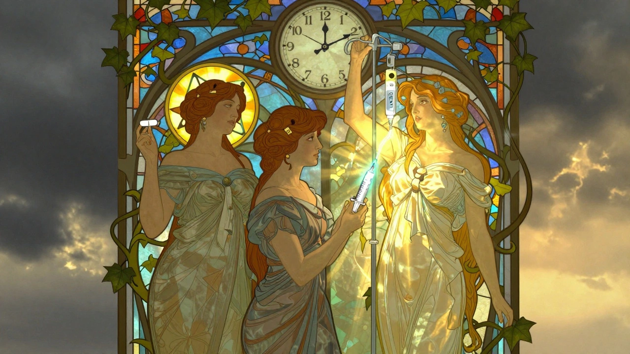 Three elegant figures representing oral bisphosphonates, injectable, and IV treatments, framed by Art Nouveau vines and a 60-minute clock.