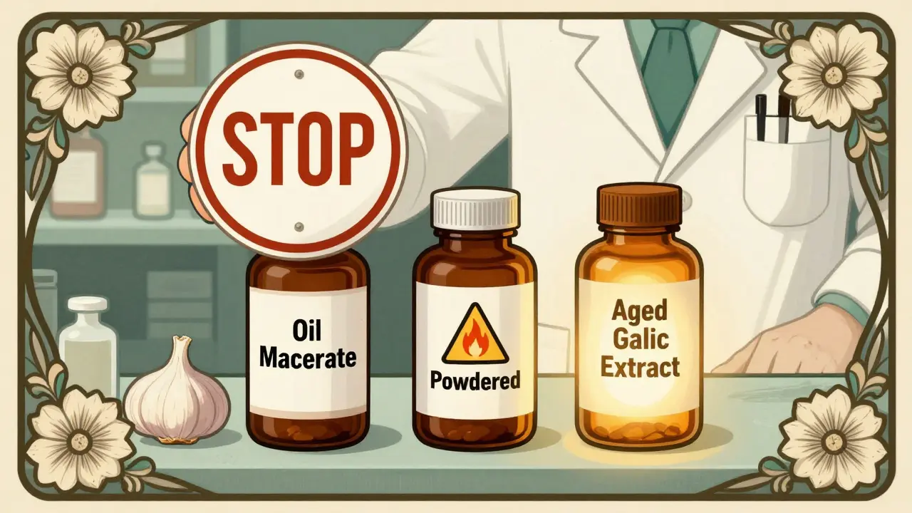 Three garlic supplement bottles at a pharmacy, with warning symbols and one safe option in Art Nouveau design.