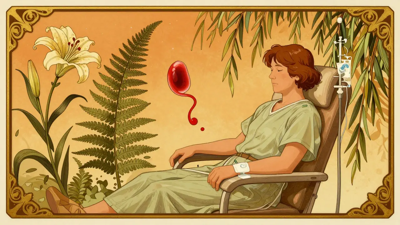 A calm patient receiving IV chemo, surrounded by symbolic plants transforming into medical icons in vintage poster style.