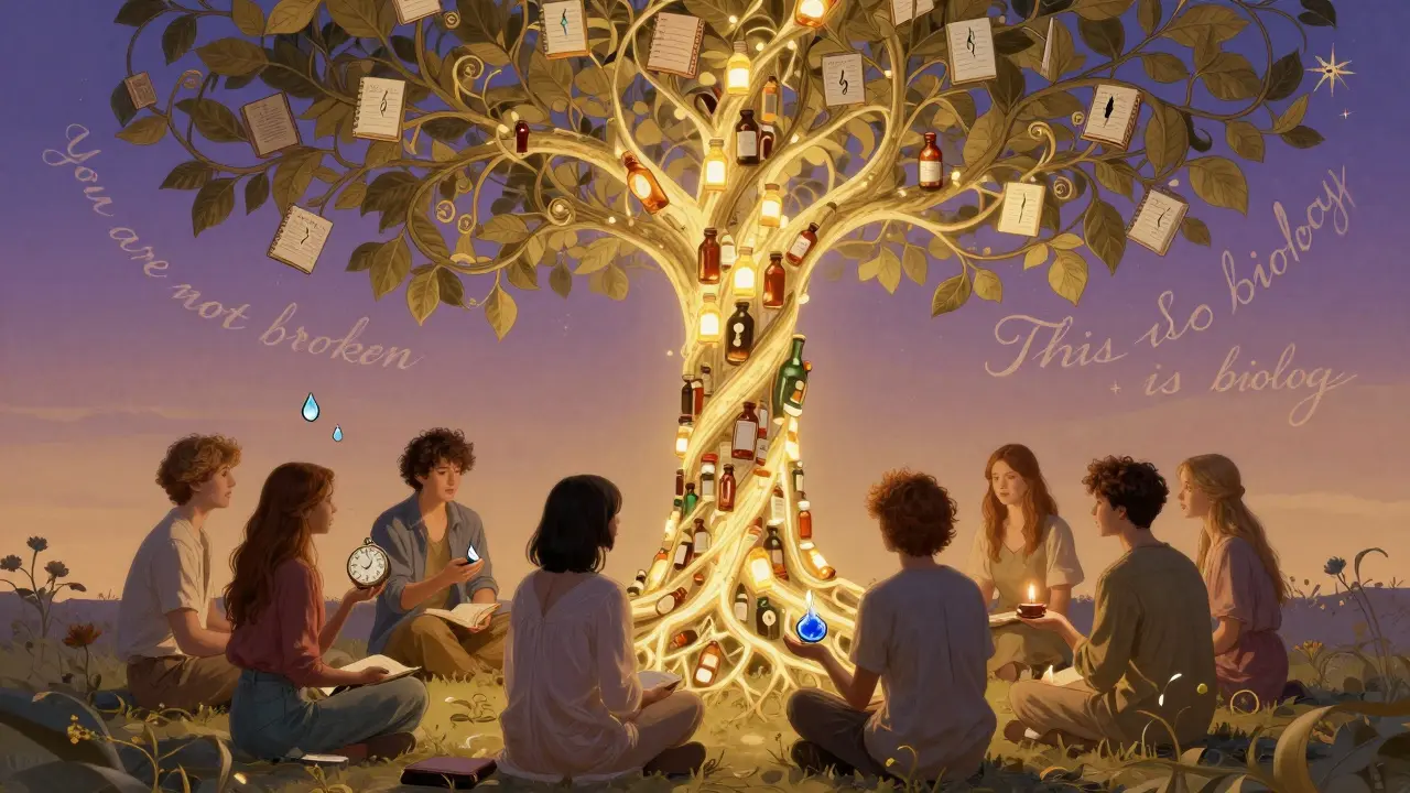 A circle of people under a medicinal tree with mood journals and breathing symbols, symbolizing support and recovery.