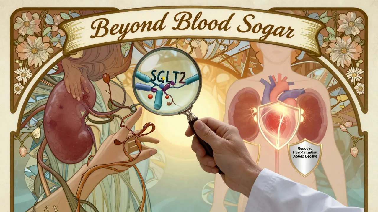 A doctor uses a magnifying glass to show SGLT2 proteins being unhooked by vine-like hands, with a protected heart and kidney in the patient's silhouette.