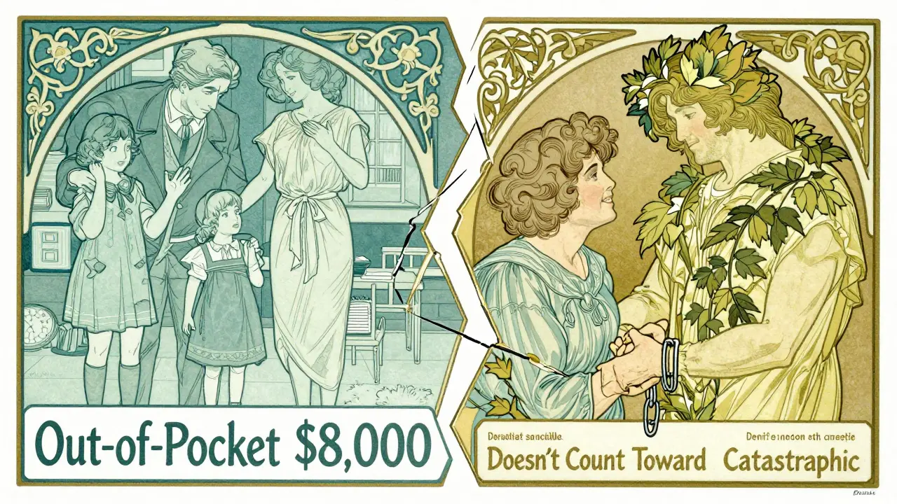 A family under financial strain contrasts with a Medicare recipient bound by a chain, both in ornate Art Nouveau design with gold and teal tones.