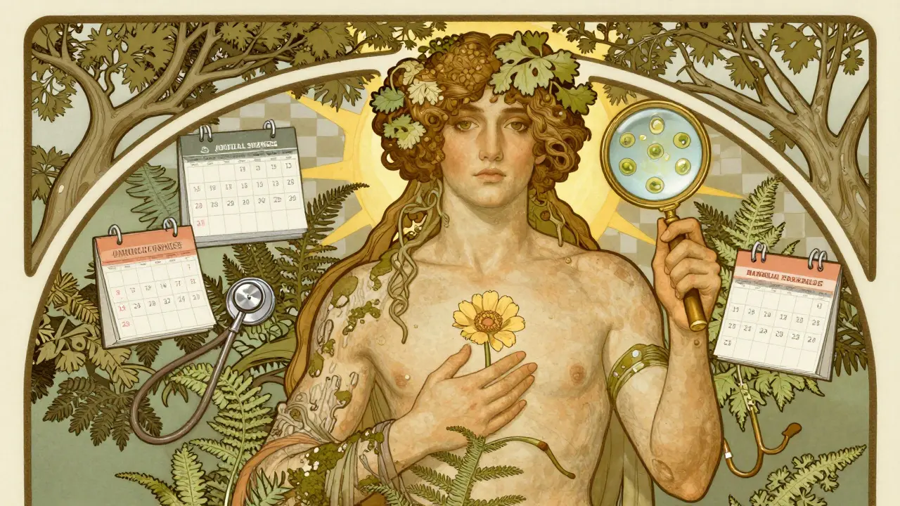 A figure with mossy skin touches a transforming mole, surrounded by symbols of skin checks and vigilance.