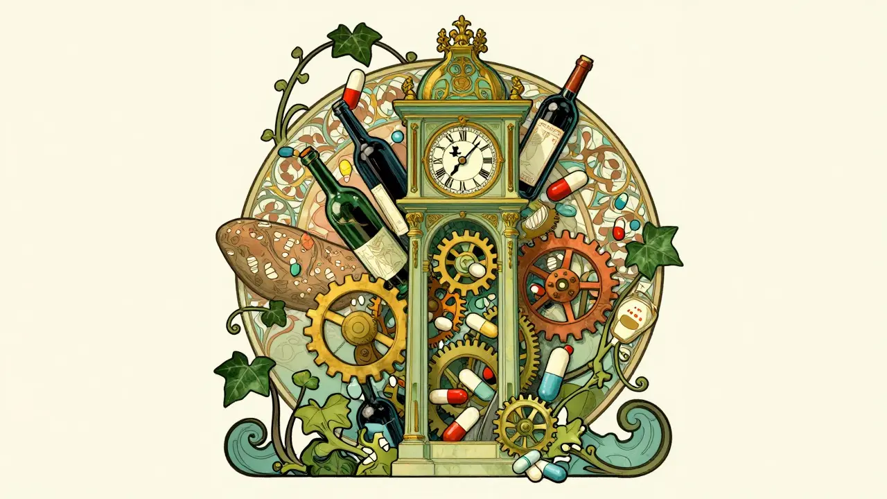 A floral liver clocktower with pills and wine bottles clashing in gears, surrounded by medical warning icons.