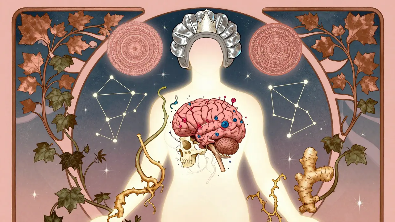 A human silhouette under attack by cancer, protected by cooling caps, ginger vines, and meditation mandalas in elegant Art Nouveau design.