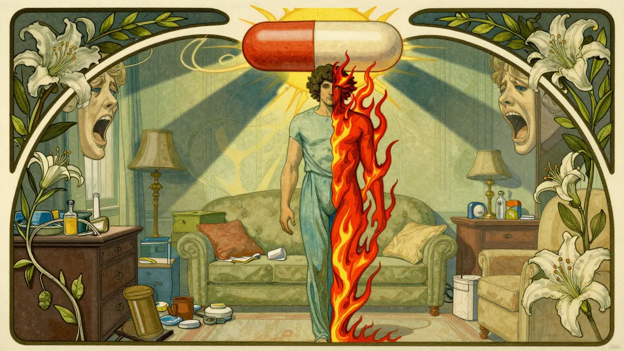 A man divided into calm and chaotic halves, with a hovering pill casting shadowy emotional forms in Art Nouveau design.
