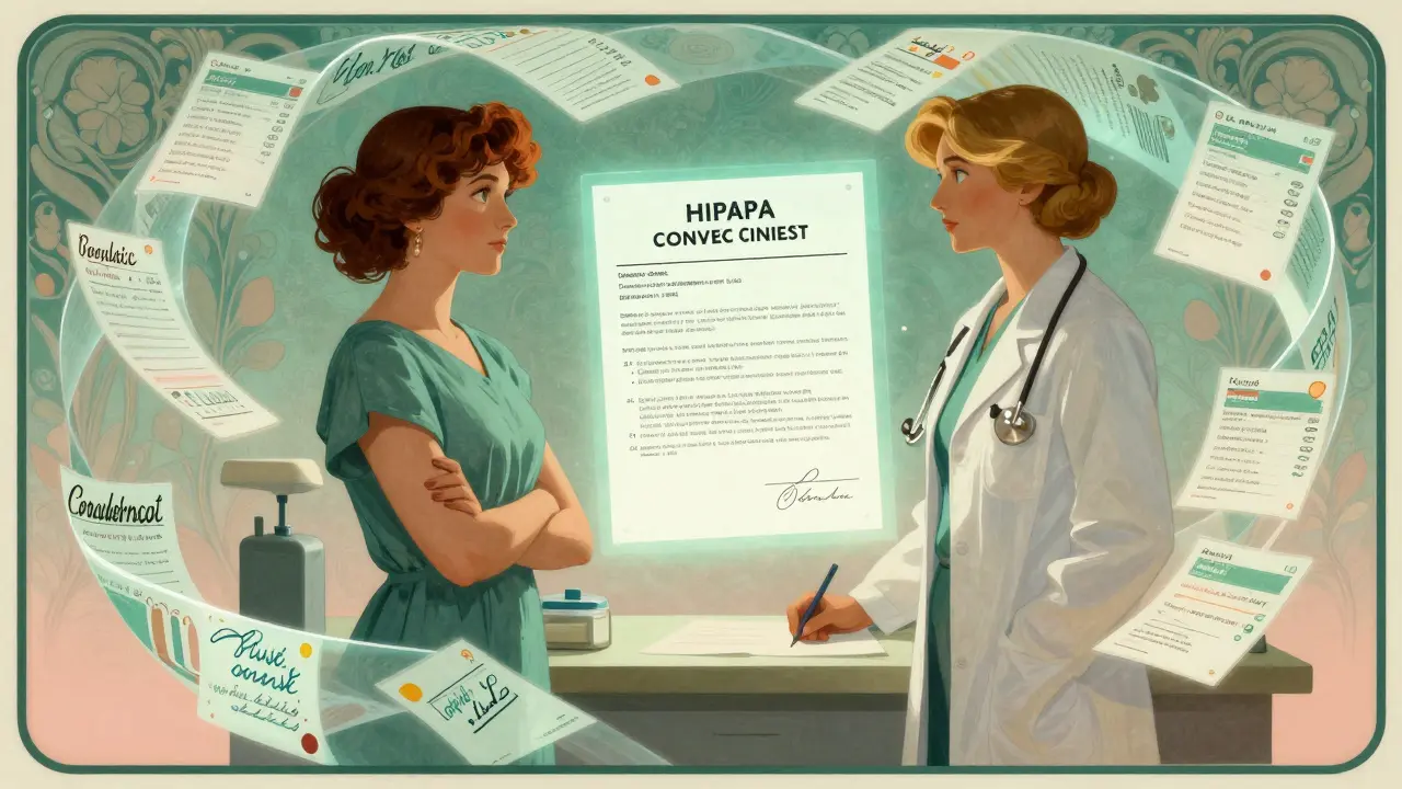 A patient and advocate stand with a doctor as floating prescription pages and a consent form glow in Art Nouveau style.