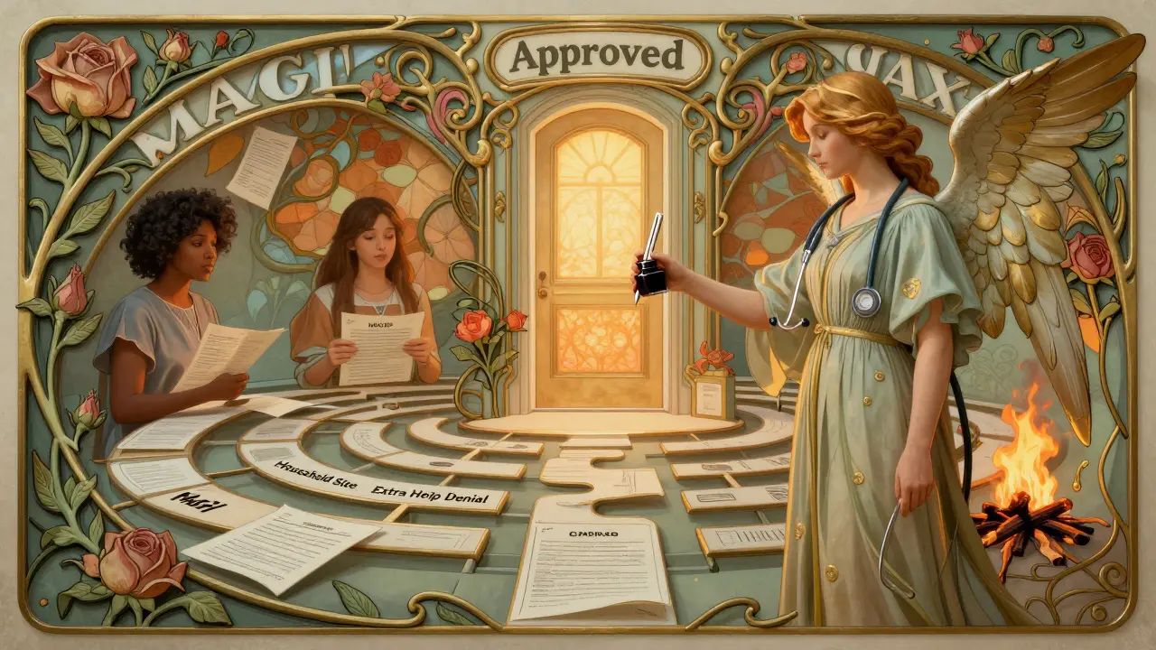 A patient navigator guides applicants through a labyrinth of paperwork shaped like vines, leading to an 'Approved' door in Art Nouveau style.