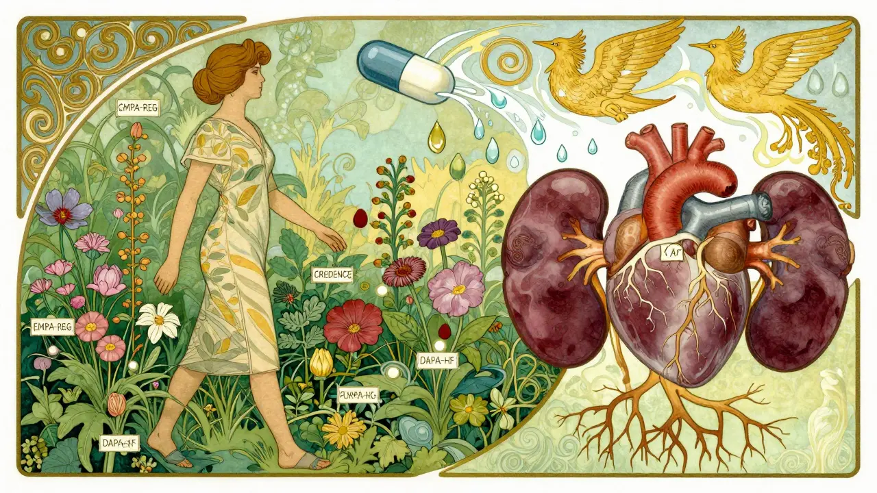 A patient walks through a garden where each flower represents a clinical trial, with a floating pill releasing beneficial vapors shaped like phoenixes.