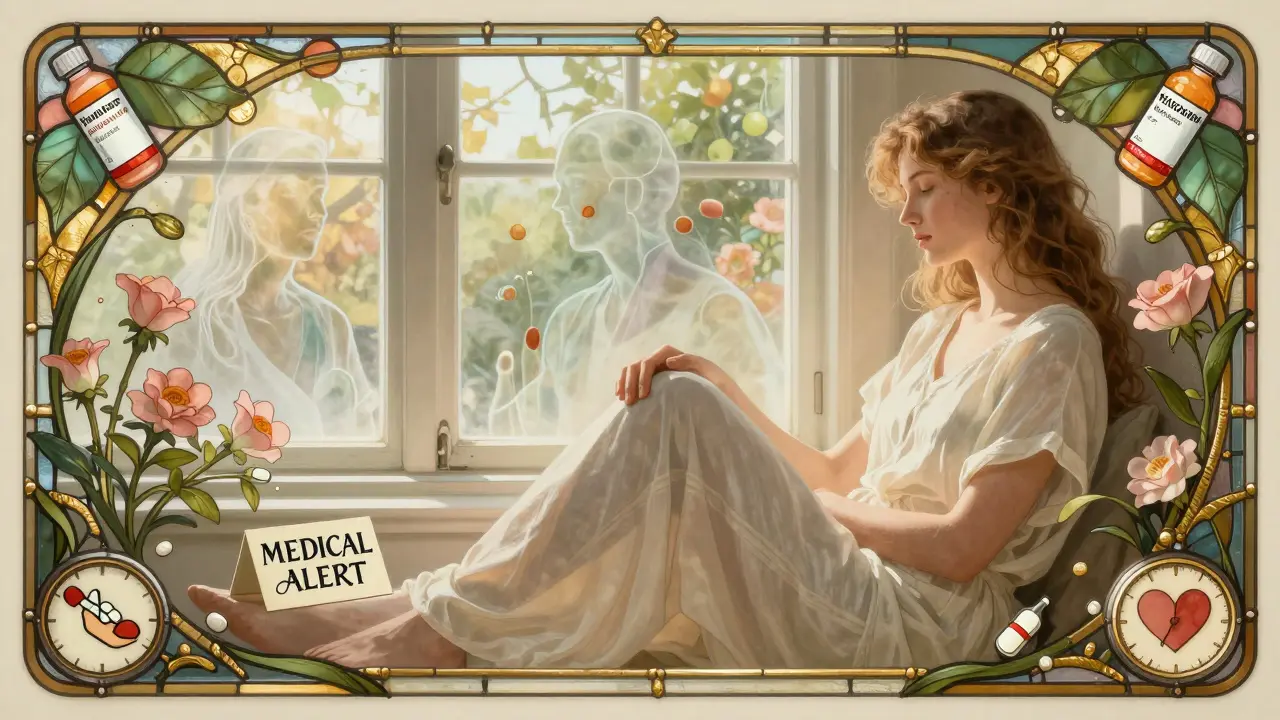 A person recovering by a window as fading drug symbols turn into flowers, with a medical alert card visible.