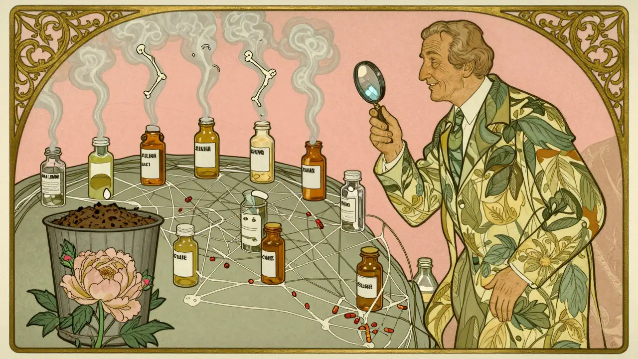 A pharmacist examining a tangled web of pills, with one dropping into a flower-shaped bin.