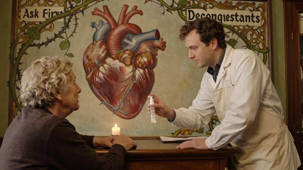 A pharmacist handing saline spray to an elderly patient, with a heart strangled by thorny vines in the background.