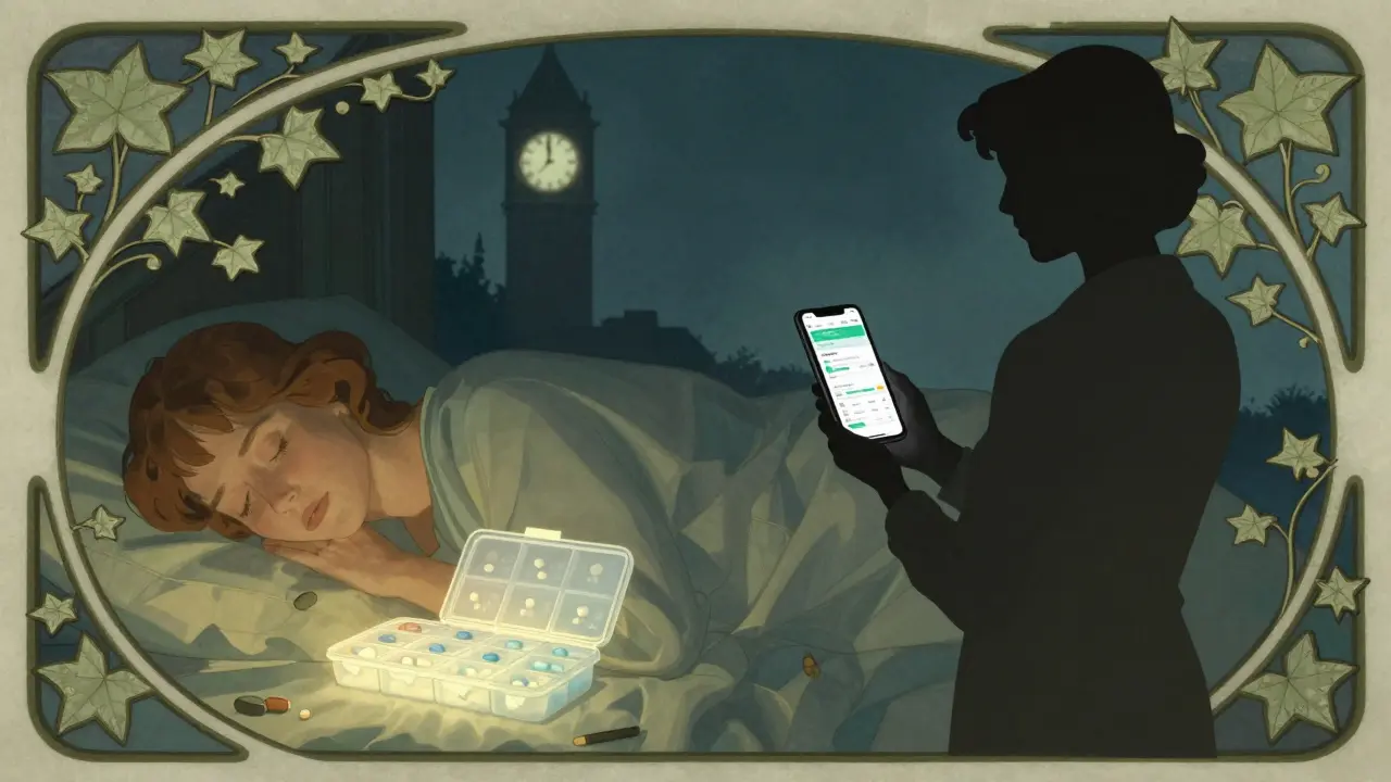A sleeping patient is guarded by an advocate and glowing pill organizer, surrounded by protective vines in Art Nouveau style.