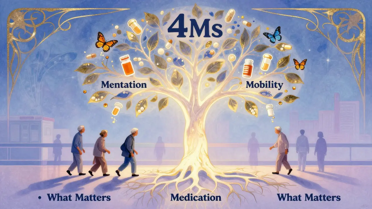 A tree with pill-leaves turning to butterflies, representing the 4Ms Framework improving elder health.