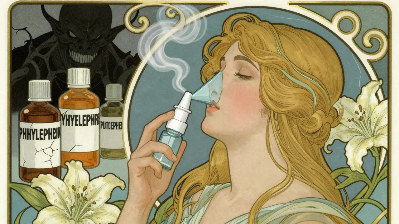 A woman using saline spray with calming steam and lilies, while dangerous medicine bottles fade into shadow.