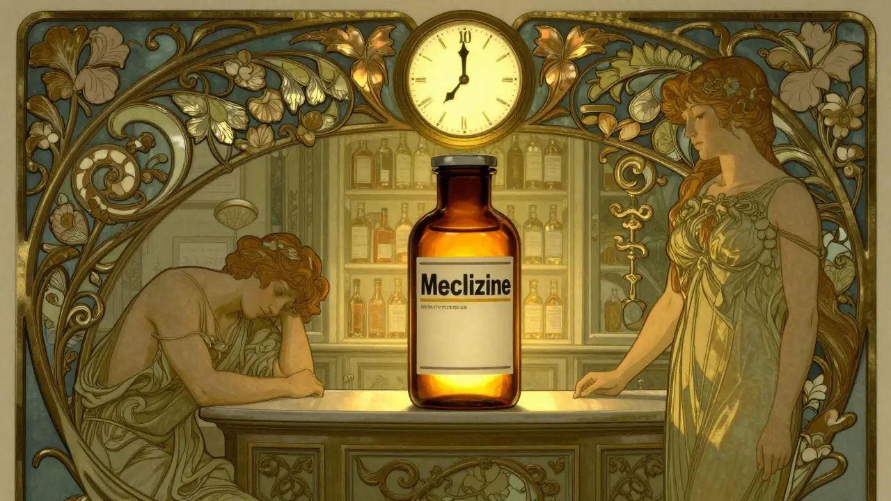 An Art Nouveau pharmacy scene with a glowing meclizine bottle and figures showing drowsiness versus balance.