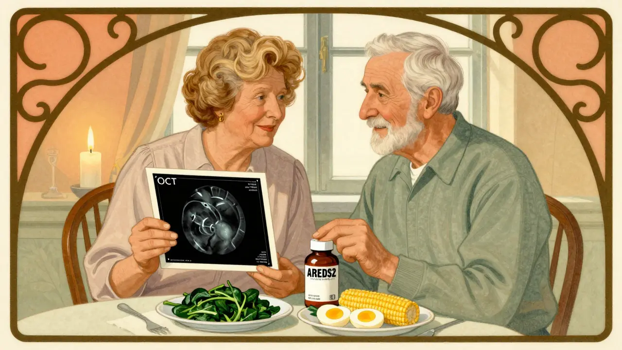 An elderly couple beside a window with retinal scan and healthy foods, framed by Art Nouveau floral details.