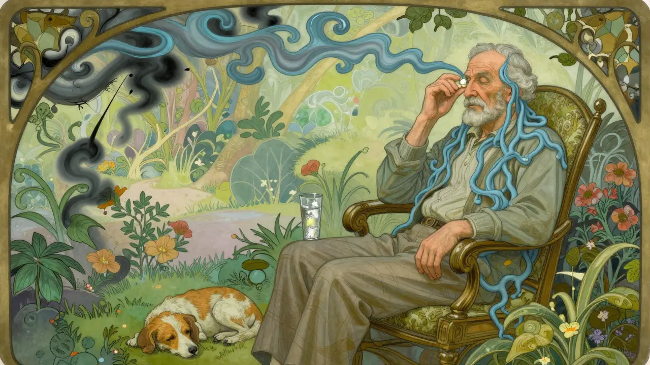 An elderly man receives calm neural energy from a tablet as confusing shadows fade into a peaceful garden.